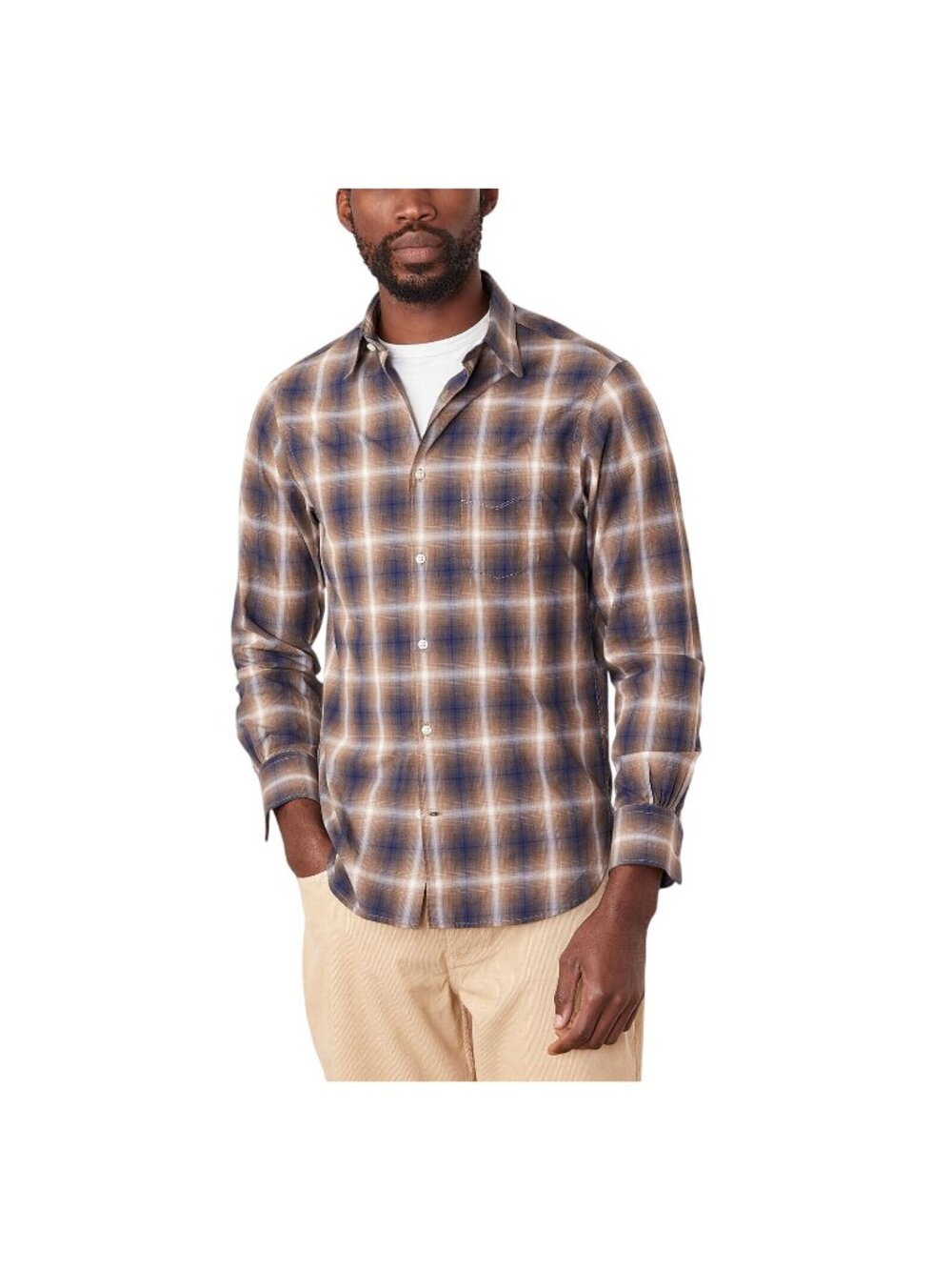 NWT Officine Generale Sleeve Button Front Shirt Iced Coffee Cream / Navy Blue XL